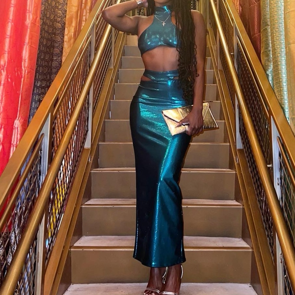 Teal Metallic two piece skirt set